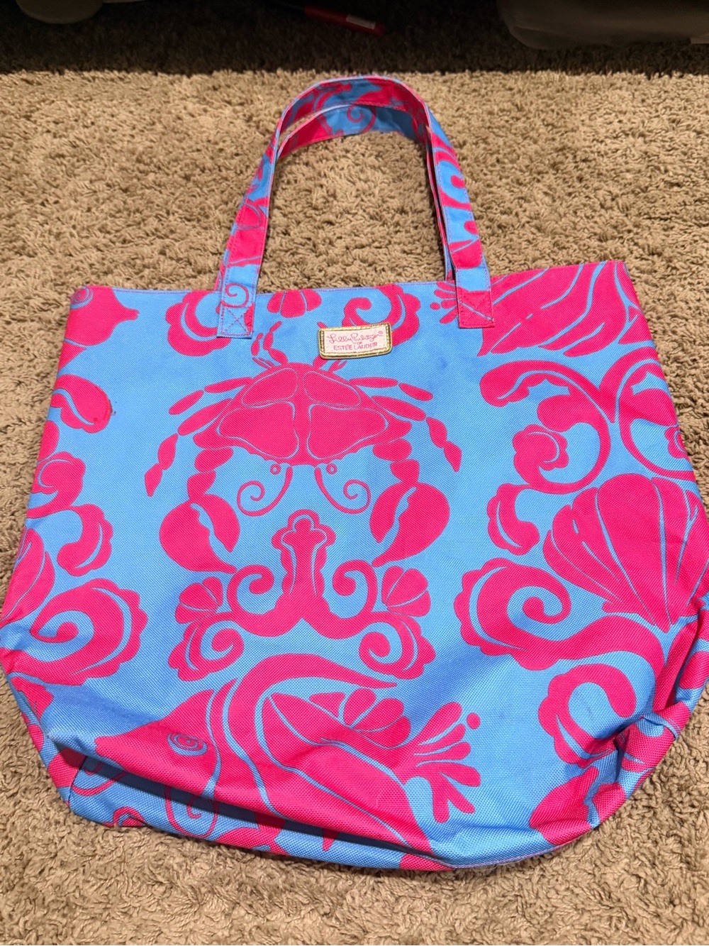 Lilly Pulitzer Estee Lauder Canvas Tote Bag Blue Pink Crab Starfish Beach Bag